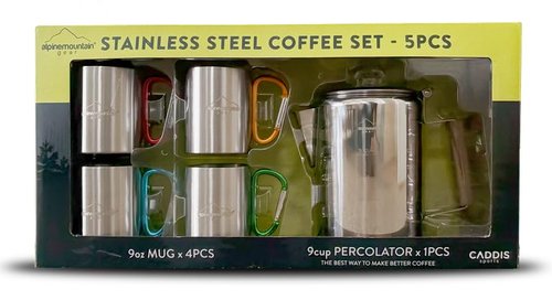 Alpine Mountain Gear 9-Cup Coffee Percolator Set with 4 Mugs (9 oz.) – Stainless Steel Camping Coffee Pot, Stovetop Percolator Coffee Maker for Home & Outdoor Use