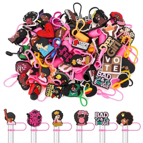 10mm 50 Pcs Pink Black Girl Straw Cover Caps for Stanley Cups - Silicone Leak-Proof Fits Most