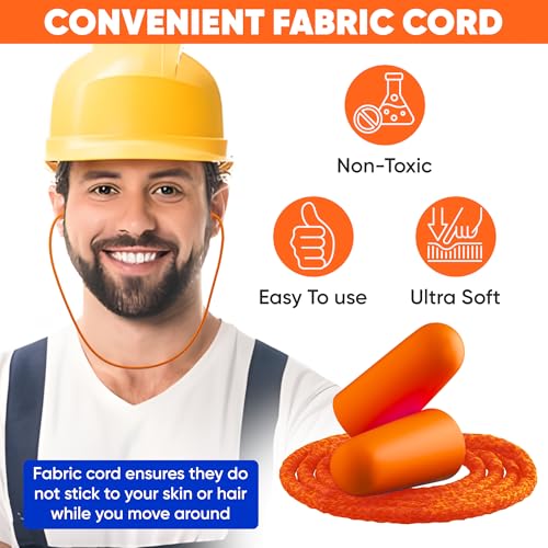 Foam Corded Ear Plugs 100 Pair - 32dB Noise Cancelling Shooting Hearing Protection Ear Plugs for Noise Reduction Construction Work Safety Mowing Industrial - Disposable Ear Plugs with Cord Bulk