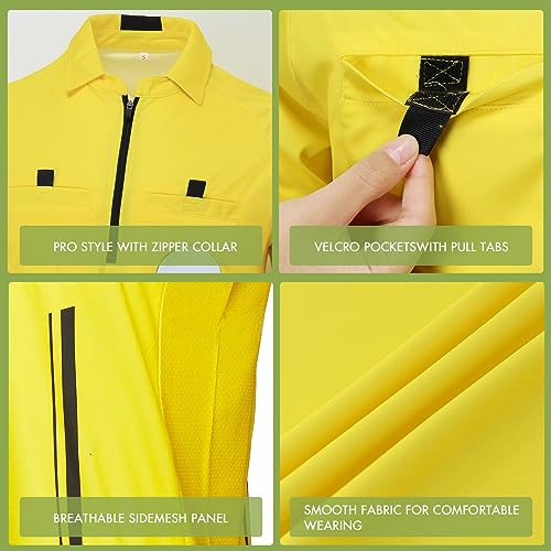 Soccer Referee Shirt Jersey - Short Sleeve Uniform with Wallet, Cards - Yellow, Medium
