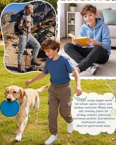 4 Pack Boys Cargo Jogger Pants Youth Sweatpants - YooAurvox, Light Gray/Khaki/Dark Gray/Black, X-Large