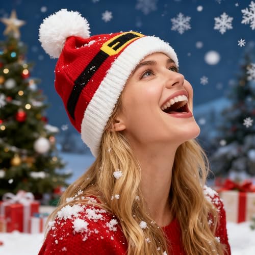 Christmas Knitted Beanie Hat with Pompom - Red Santa Hat