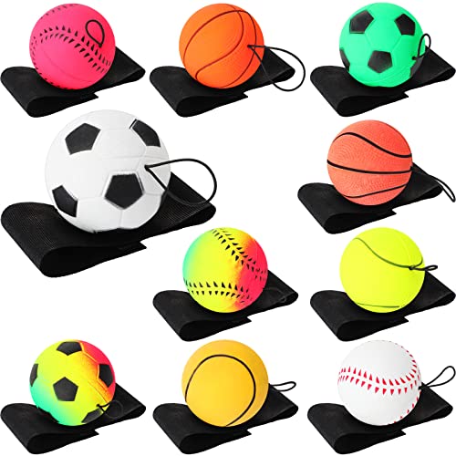 Wrist Bouncy Ball Set - 10 Rubber Balls with Adjustable Strap