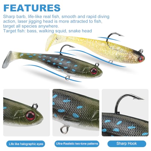 5-Piece Soft Paddle Tail Swim Baits - 3.5-Inch Pre-Rigged Fishing Lures