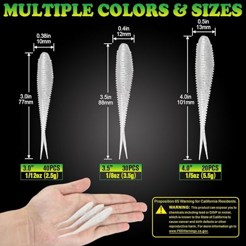 Luckyfishing Pearl White 3.5in Soft Plastic Baits 30pcs Forked Tail for Bass Walleye