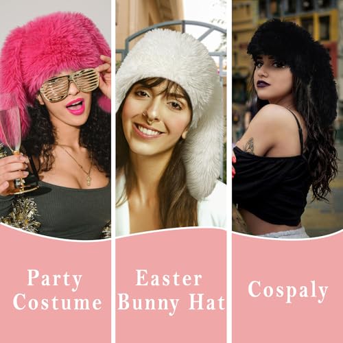 Y2K Fuzzy Bunny Hat for Women – White One Size Beanie with Ears (Henwasai)