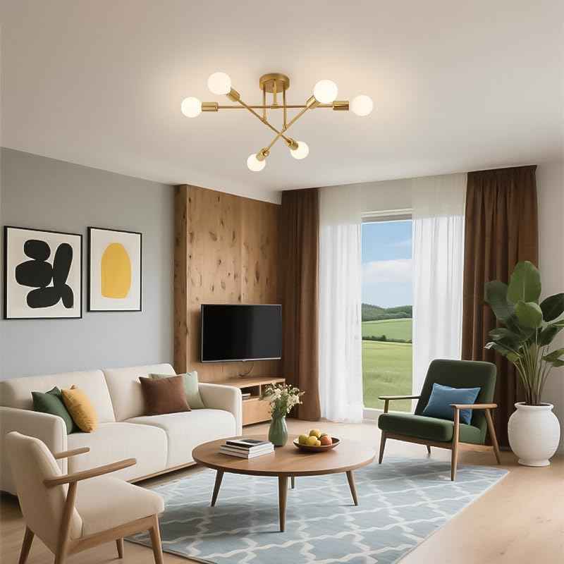 YXTH Semi Flush Mount Ceiling Light Fixture, 6 Lights Modern Sputnik Chandelier Ceiling Lamp with E26 Bulb Base, Light Fixtures Ceiling Mount for Bedroom Kitchen Living Room Hallway (Gold)