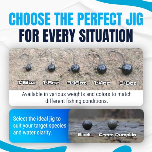 Reaction Tackle Ball Jig Heads 1/16-3/8 oz, Round Jig Heads for Bass w/ #2-3/0 Hooks (10-Pack)