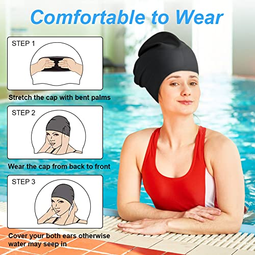 Extra Large Silicone Swimming Cap for Long Hair - Black