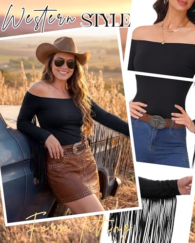Women Large Black Fringe Western Cowgirl Shirt Off Shoulder Fitted Top
