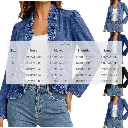Ruffle Trim Long Sleeve Denim Cardigan - Large, Dark Blue