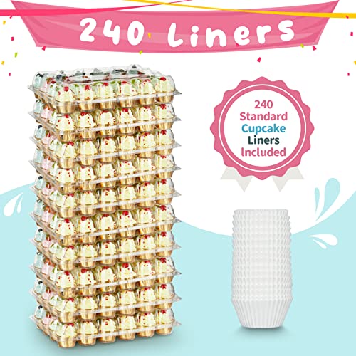Gencywe Stackable Cupcake Carrier Set with 240 Liners - Food Grade Plastic, Tall Dome Lid, 24 Cupcakes