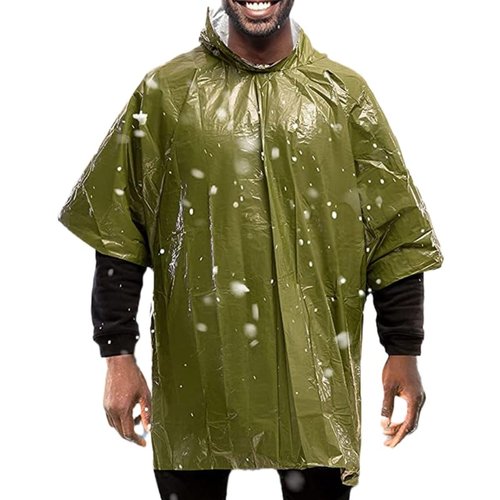 MIRouer Emergency Poncho with Mylar Blanket Liner for Survival Gear, Waterproof, Wind-Resistant Green Rain Poncho for Outdoors, Camping, and Car Emergency Kits - Thermal Poncho - 4 Pack (Green)