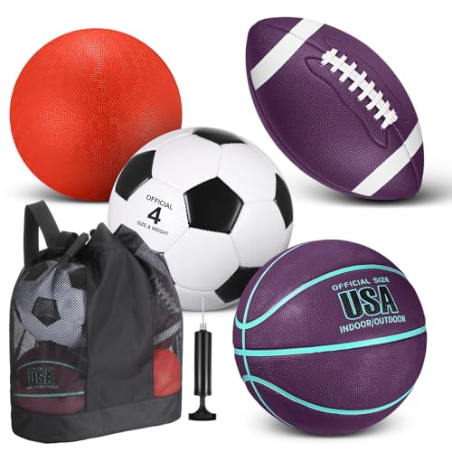 Deekin 4 Pcs Sport Balls Set Purple Teal – Soccer, Basketball, Football & Playground Ball with Pump