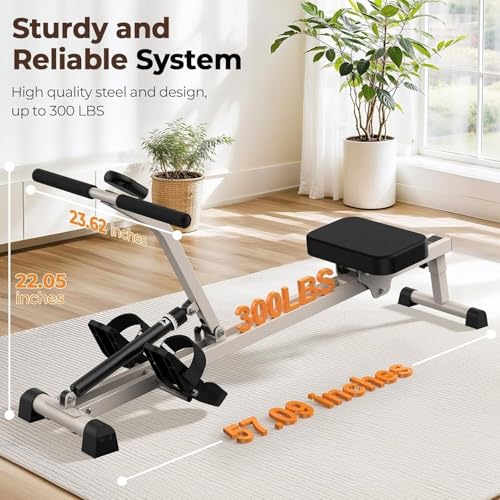 Hydraulic Rowing Machine - Compact Adjustable Rower with 12 Resistance Levels - A-White