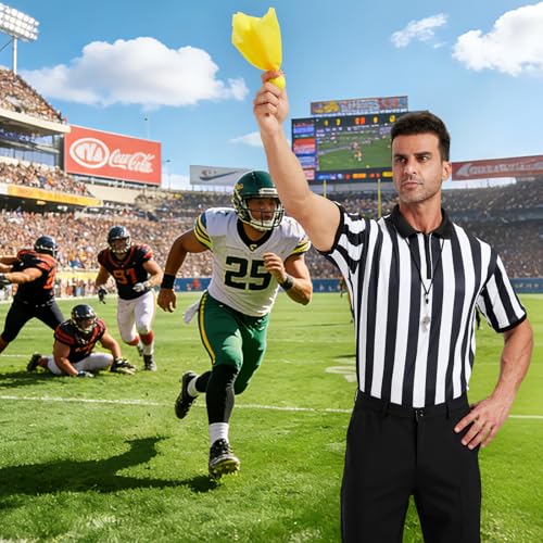 Men's Referee Costume Kit - Striped Shirt, Whistle & Flag - Large