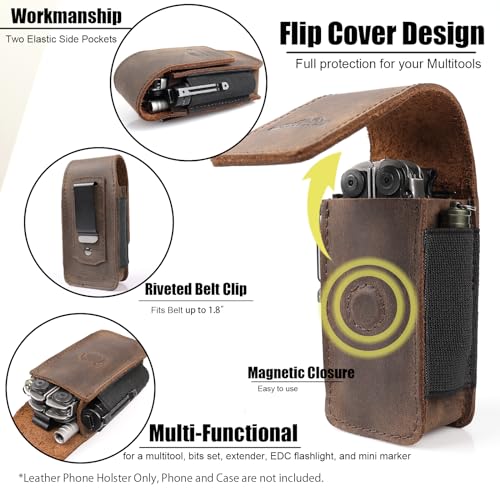 Topstache Large Darkbrown Leather Multitool Sheath for EDC Belt Organizer for Leatherman & Gerber
