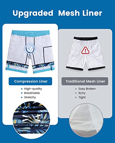 Maamgic Men's Swim Trunks with Compression Liner 7" Quick-Dry Board Shorts Blue Leaf XL