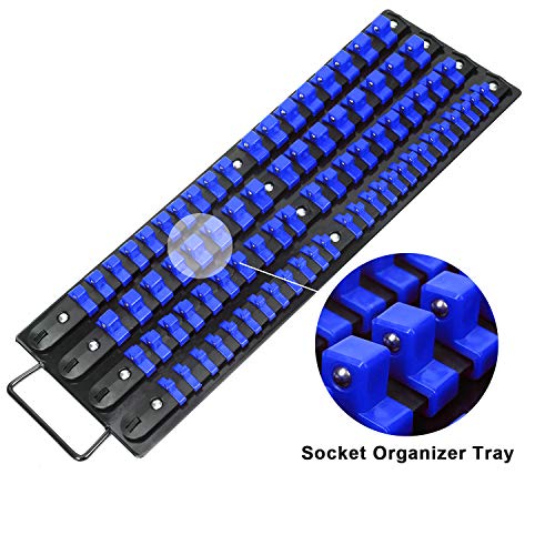 Mayouko 80-Piece Portable Socket Organizer Tray, 2 Pcs Set, Blue & Red, Tools Organizer 1/4-Inch, 3/8-Inch, 1/2-Inch, Heavy Duty Socket Holder, Black Rails, Blue & Red Clips