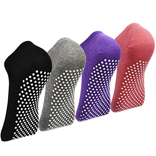 Non-Slip Grip Socks for Women - 4 Pack in Black, Grey, Purple, Red