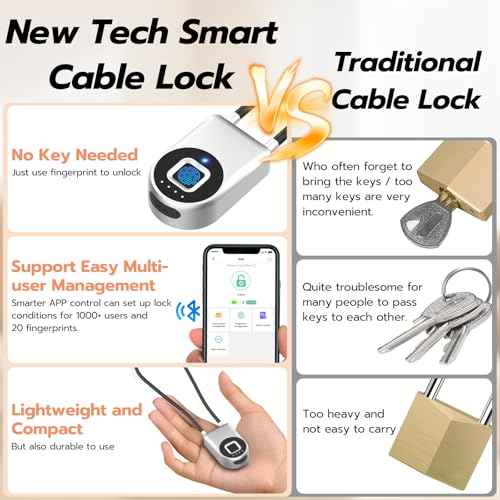 Fingerprint Cable Lock, eLinkSmart Fridge Locks with Bluetooth APP Control, Biometric Smart Padlock for Adults Baby Proof Cabinet Refrigerator French Door Cabinet Gate Locker Bike, 14.9'' Long Silver