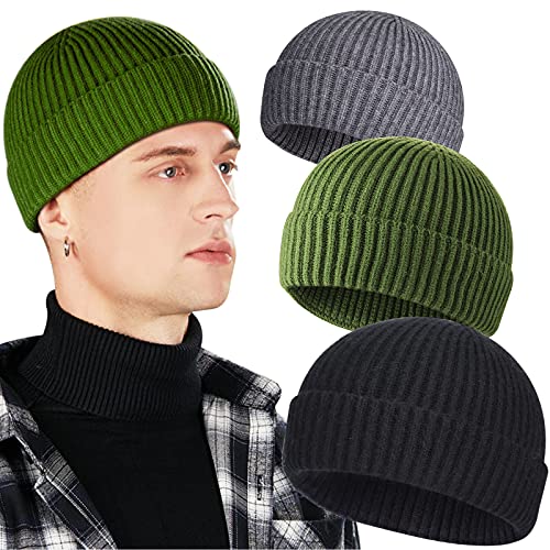 Heniho 3 Pack Wool Fisherman Beanies for Men - Black, Gray, Green, Short Cuffed Knit Hats