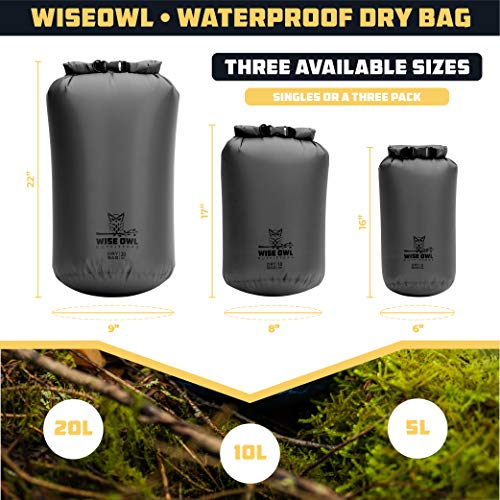 Wise Owl Outfitters Waterproof Dry Bag 3-Pack Grey - Lightweight 5L/10L/20L for Kayaking & Travel