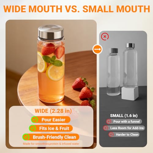 Cafezi 16 oz Wide Mouth Glass Juice Bottles with Stainless Steel Lids - Clear 6 Pack