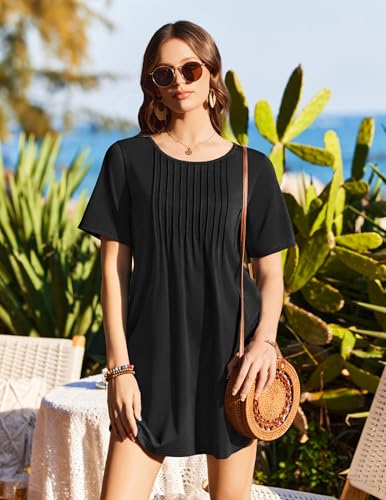 Short Sleeve Swimsuit Cover-Up Dress with Pockets - Black, X-Large