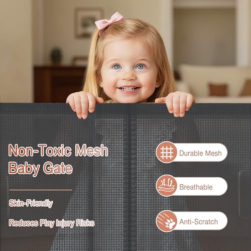 Upgraded 59'' Wide Retractable Baby Gates for Stairs with Reinforced Strip, Mesh Saftey Gate for Pets, Prevent Crawling Dog Gate fot Doorways, No Drilling, Indoor & Outdoor Use, 34'' Tall