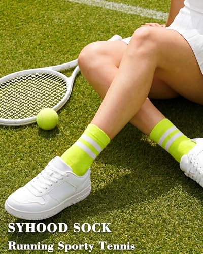 Unisex Athletic Crew Stripe Socks - Fluorescent Yellow & White (2 Pairs)