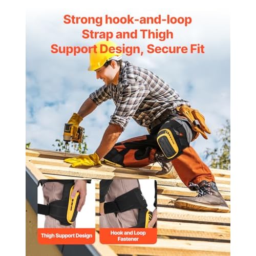 VEVOR Knee Pads for Work, Extended Heavy Duty Construction Knee Pads with 2 Extension Straps, Foam Gel Cushion, Anti-slip for Gardening Flooring Roofing and Cleaning, Men & Women, Yellow and Black