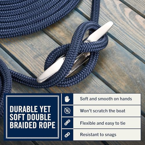 RainierSupplyCo 15ft Navy Blue Double Braided Nylon Dock Lines 2 Pack for Boat Mooring