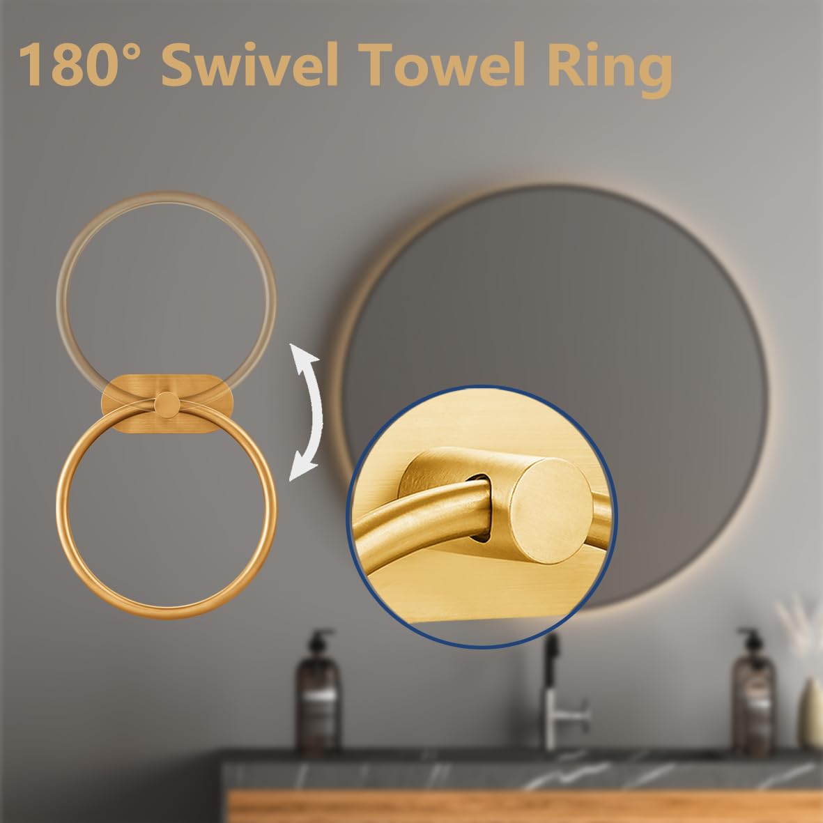Self-Adhesive Towel Ring for Bathroom, No Drilling Stainless Steel Rustproof Hand Towel Holder, Wall Mounted Bathroom & Kitchen Towel Hanger with Strong Adhesive, Modern Bath Organizer Brushed Gold