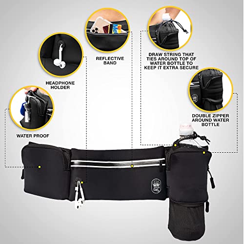 Running Belt with Water Bottle Holder & Extension Band - Black