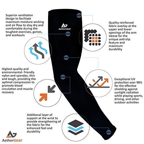 Compression Arm Sleeves - UV Protection for Sports - Black (2 Pack)