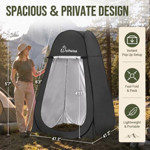 WolfWise Pop Up Shower Tent for Camping, Compact & Lightweight, Silver-Black, 6'3" Height
