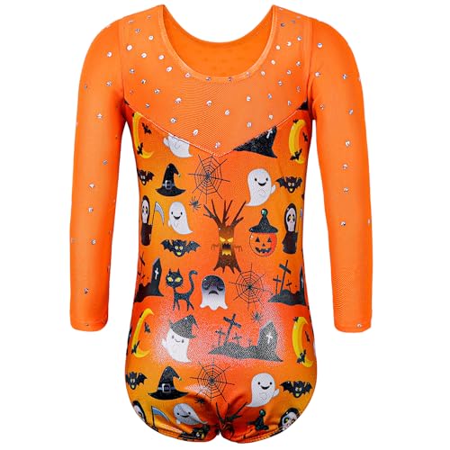 TFJH E Girls Gymnastics Leotard with Sequin Mesh, 3/4 Sleeves, Age 3-12Y, Orange Halloween 3-4T