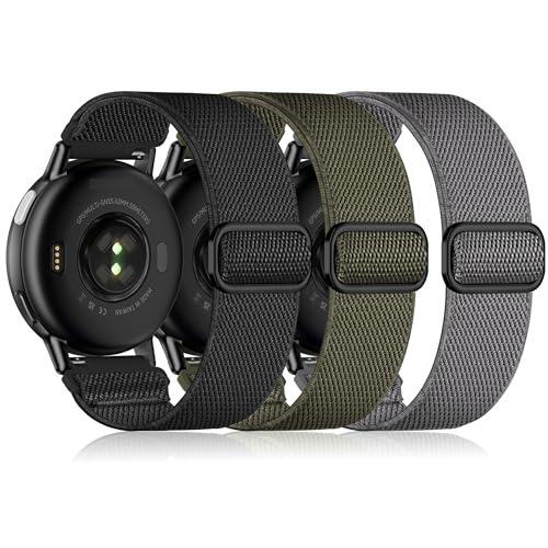 Nylon Sport Elastic Watch Bands 20mm for Garmin Vivoactive 3 5 6 55 570-42mm - Black, Grey, Army 3 Pack