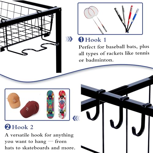 Sports Equipment Organizer with Elastic Straps and Removable Basket