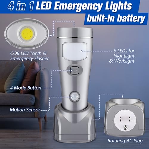 Enhon 3 Pack Rechargeable 4-in-1 LED Emergency Lights, Plug-in Flashlights with Motion Sensor Night Light, Auto-On Power Failure Light for Home, Hurricane, and Outage Supplies
