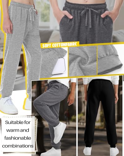 LessonZoo Boys' Athletic Joggers Sweatpants 3-Pack - Grey & Black, Large