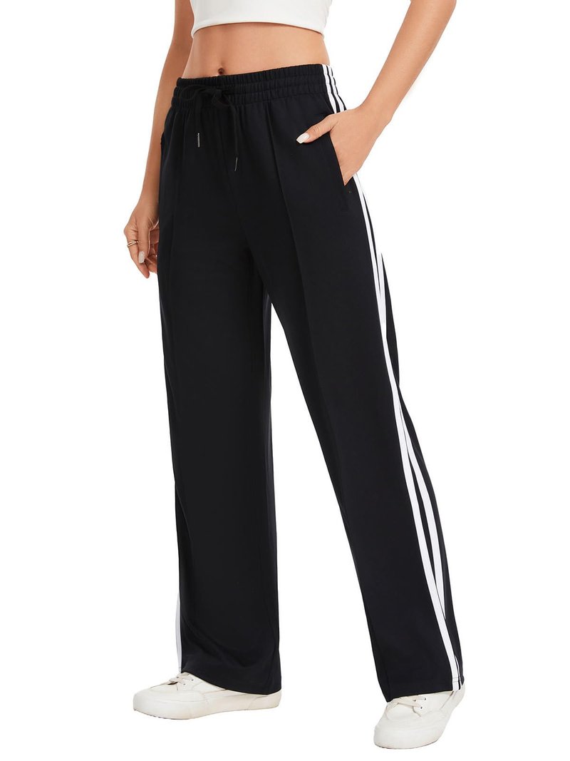 Sythyee Womens Track Pants with Zipper Pockets – Loose Straight Leg Sweatpants, Athletic Joggers for Running, Workout Casual & Lounge,Black/White M,30" Inseam