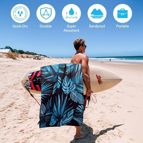 Oversized Microfiber Beach Towel - Blue Black Palm Leaf, 71"x35"
