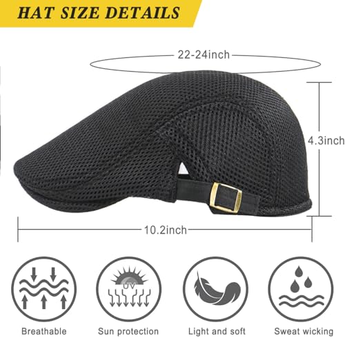 Xinveen Men's Black Mesh Newsboy Cap - Breathable Summer Ivy Hat, Adjustable