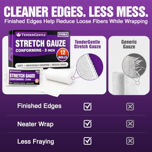 TenderGentle 12 Pack 3-Inch Sterile Conforming Stretch Gauze Rolls for Wounds