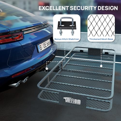 Folding Hitch Mount Cargo Carrier Basket 70"x30"x6" w/Straps+Stabilizer - 500lbs Steel Rack for SUV Truck Van
