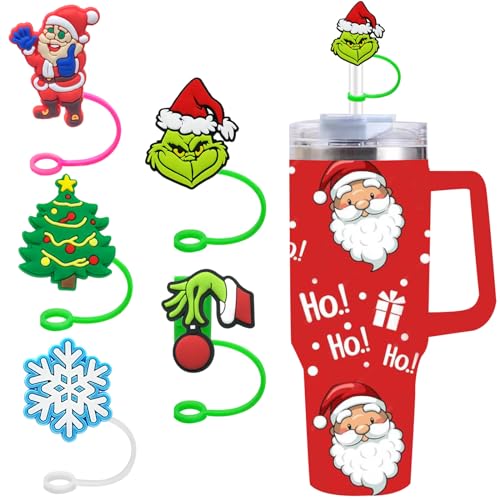 Christmas Straw Cover Caps for Stanley Cup - 5pcs Silicone Topper