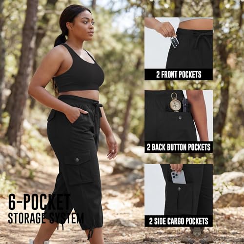Plus Size Cargo Capris for Women with Pockets 5X-Large Black Lightweight Stretch