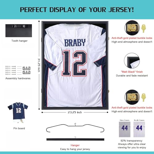 Large Lockable Jersey Display Frame with UV Protection - Matte Black